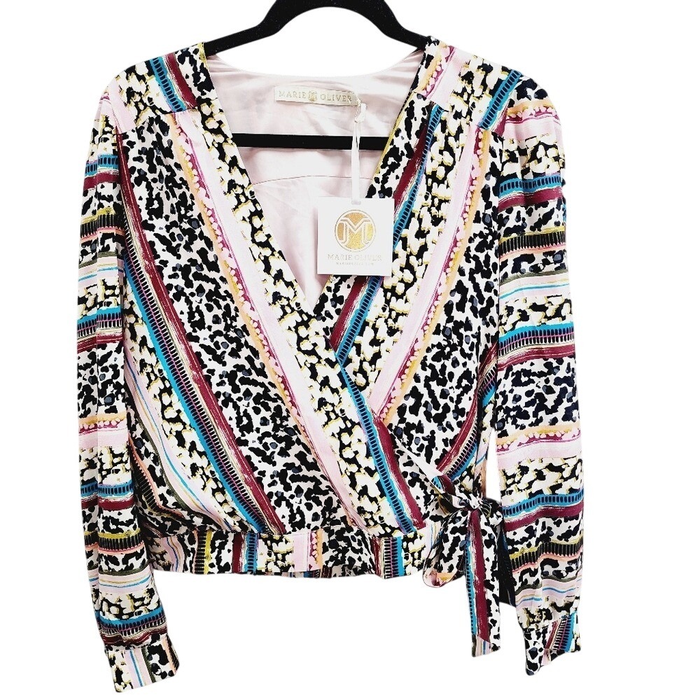 NWT Marie Oliver XS Silk Wrap Top Animal Print Striped Long Sleeve V-Neck Blouse